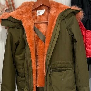 Velvet brand Olive Utility Jacket with Orange Faux Fur